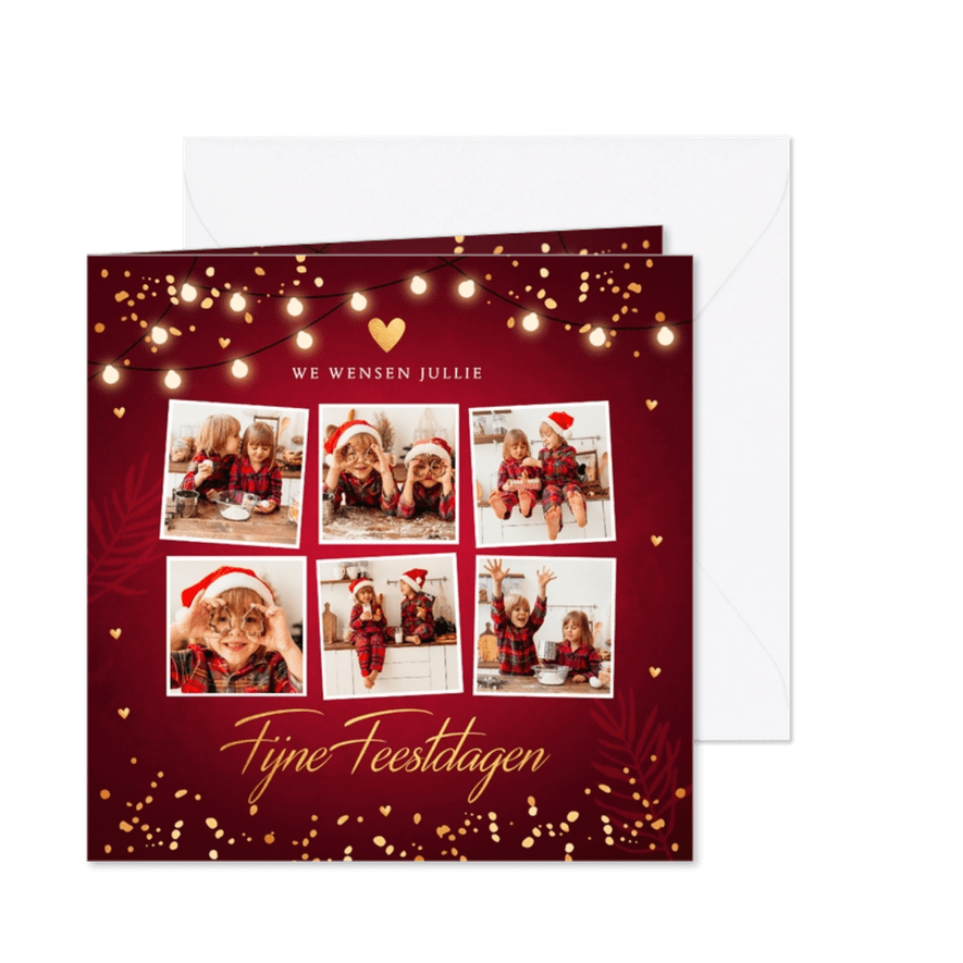 Kerstkaart rood fotocollage confetti goudlook - Kaartimpressie