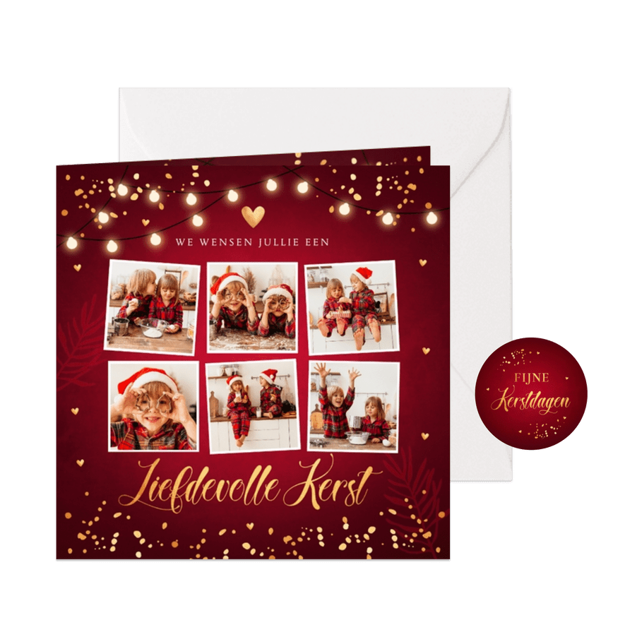 Kerstkaart rood fotocollage confetti goudlook - Kaartimpressie