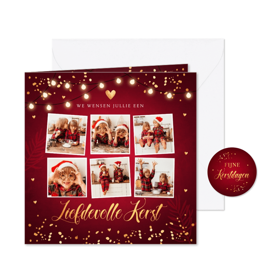 Kerstkaart rood fotocollage confetti goudlook - Kaartimpressie