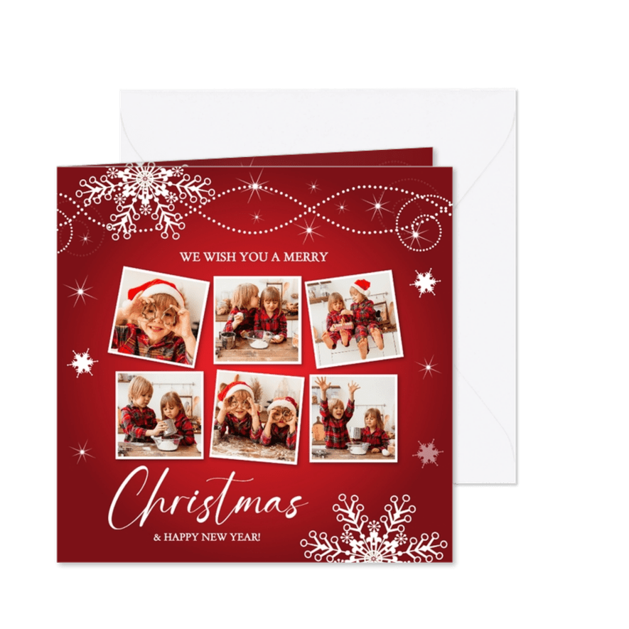 Kerstkaart rood fotocollage sneeuwvlokken - Kaartimpressie