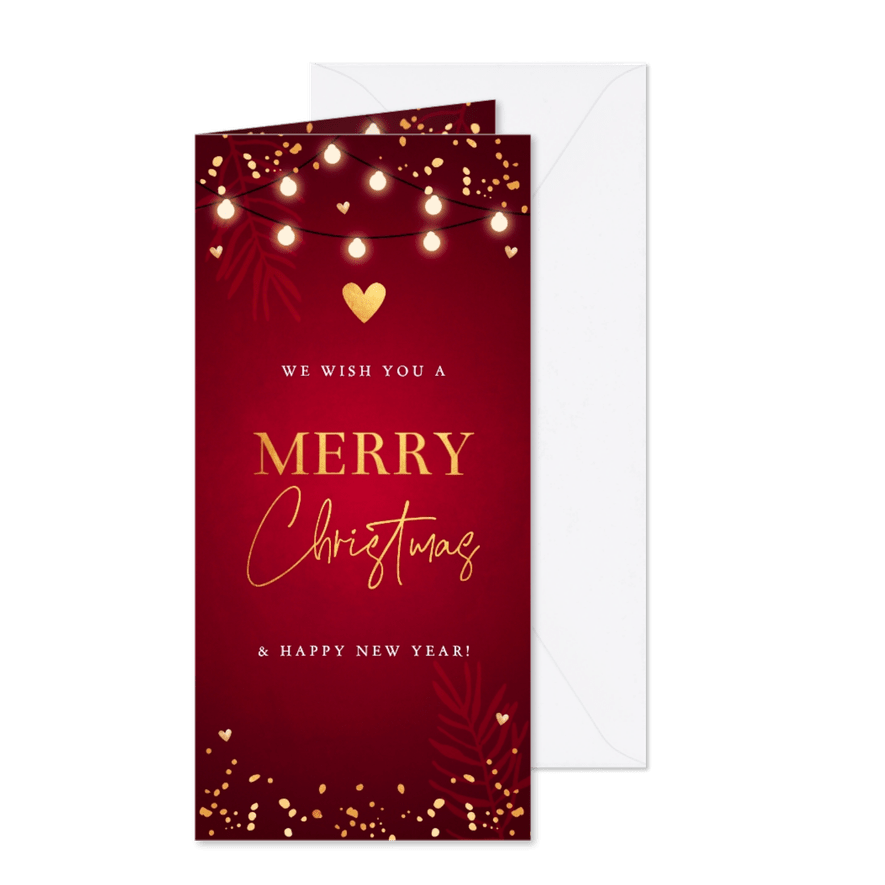 Kerstkaart rood lampjes confetti goudlook langwerpig - Kaartimpressie