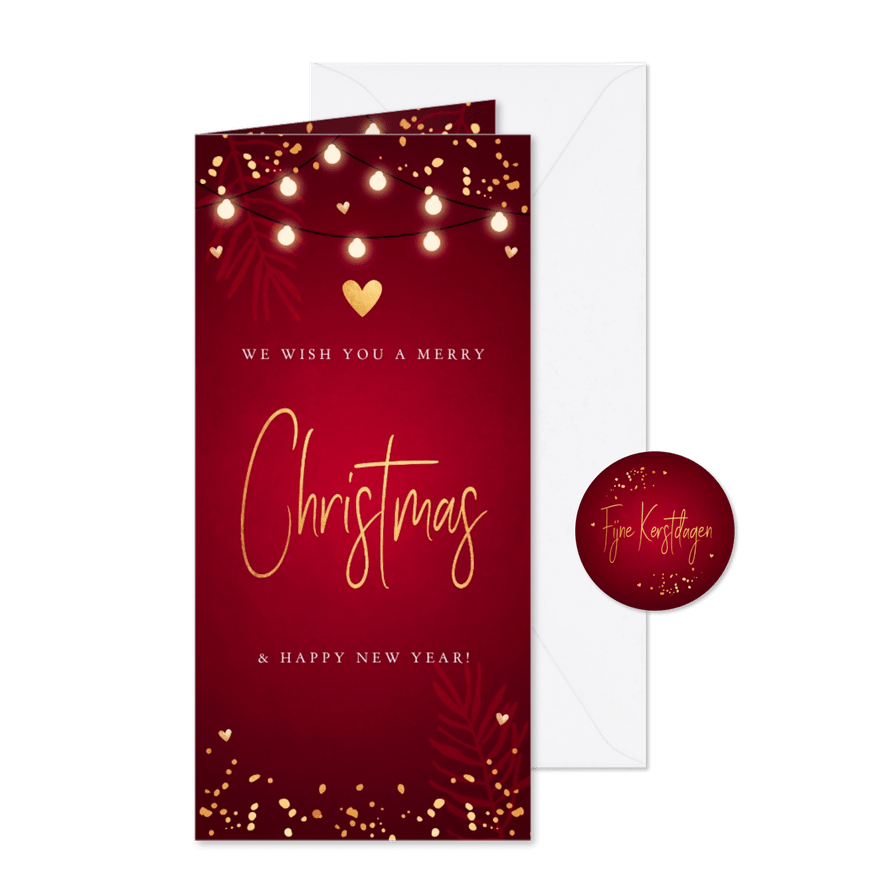 Kerstkaart rood lampjes confetti goudlook langwerpig - Kaartimpressie