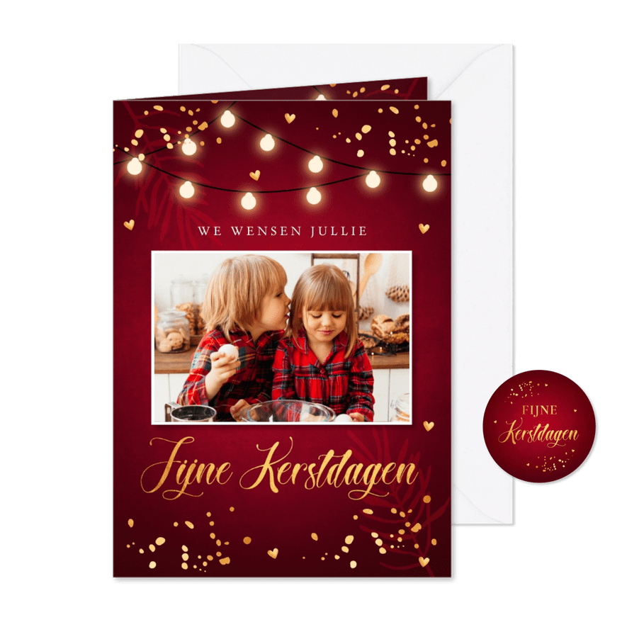 Kerstkaart rood lampjes goudlook foto confetti - Kaartimpressie