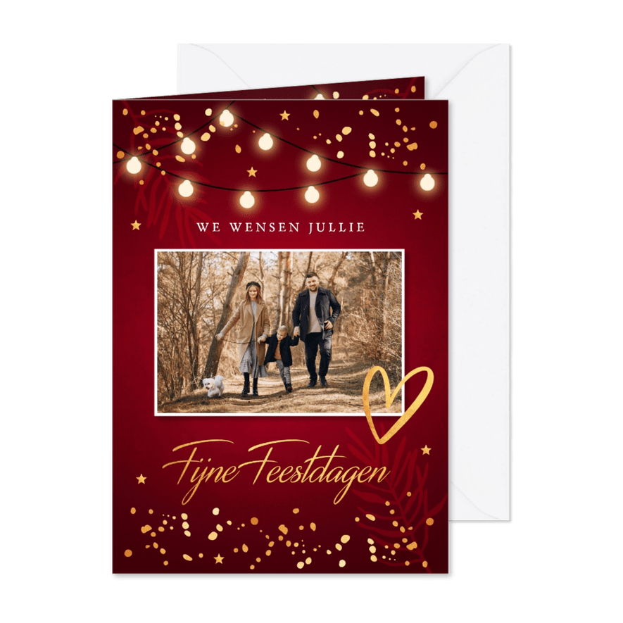 Kerstkaart rood lampjes goudlook foto confetti - Kaartimpressie