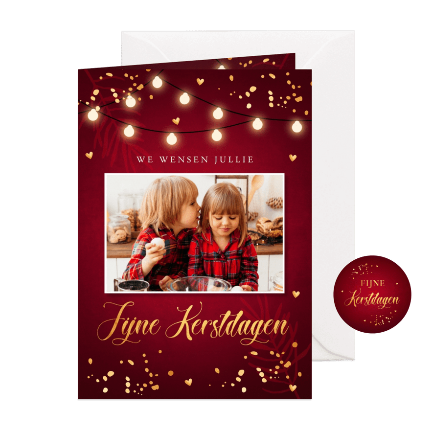 Kerstkaart rood lampjes goudlook foto confetti - Kaartimpressie