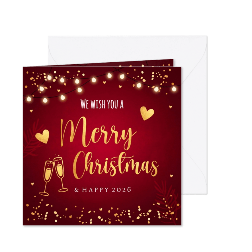 Kerstkaart rood lampjes sparkles goudlook - Kaartimpressie