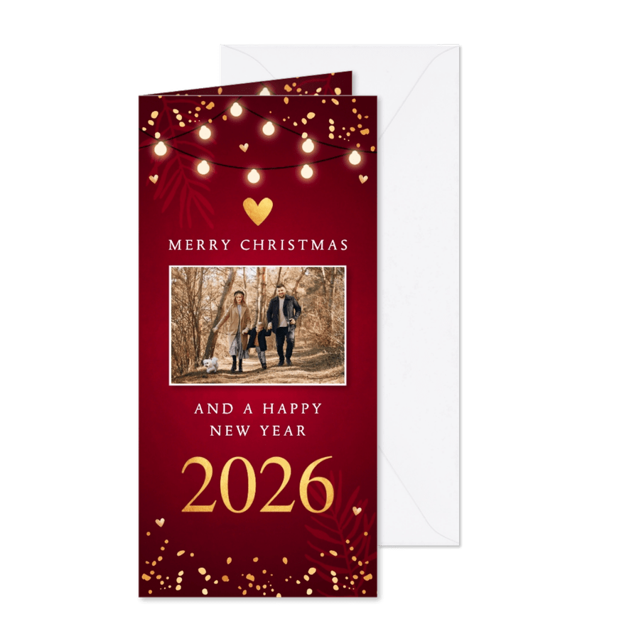 Kerstkaart rood langwerpig foto lampjes goudlook 2026 - Kaartimpressie