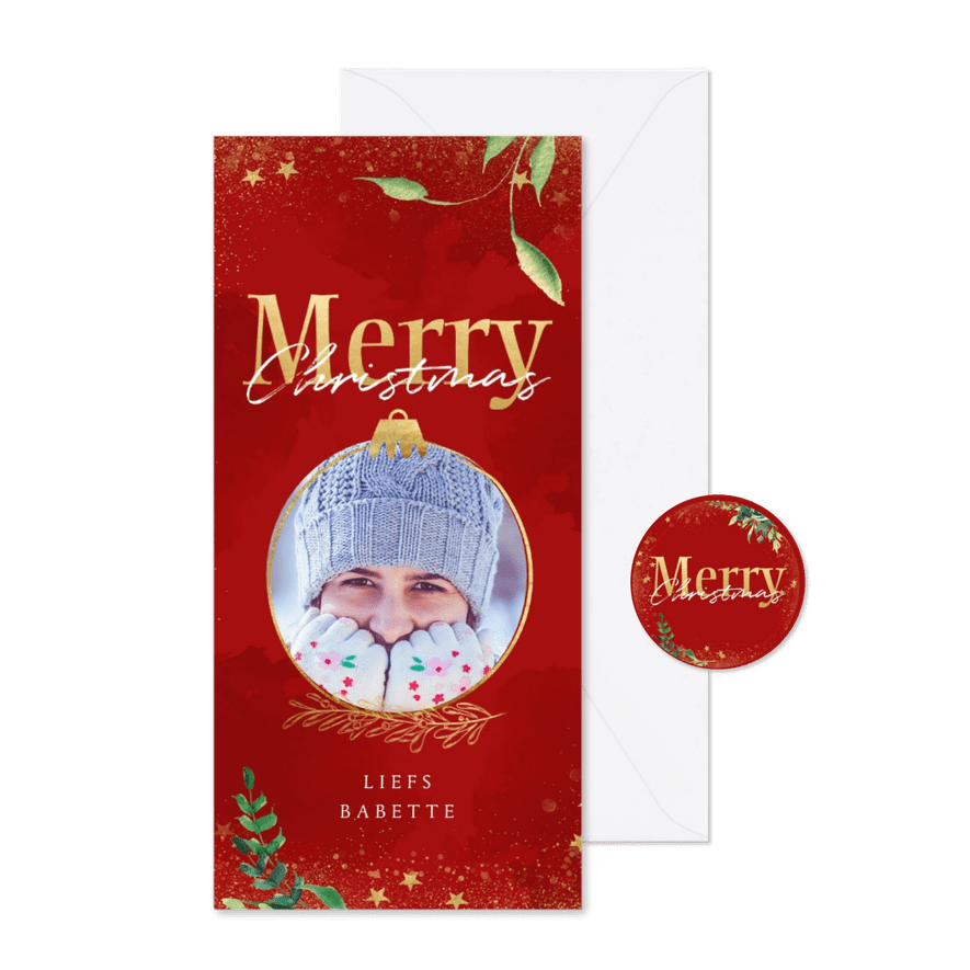 Kerstkaart rood langwerpig gouden sterren een gouden kerst - Kaartimpressie