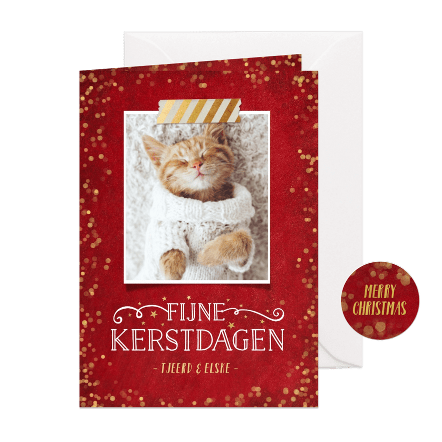 Kerstkaart rood met gouden confetti en eigen foto - Kaartimpressie