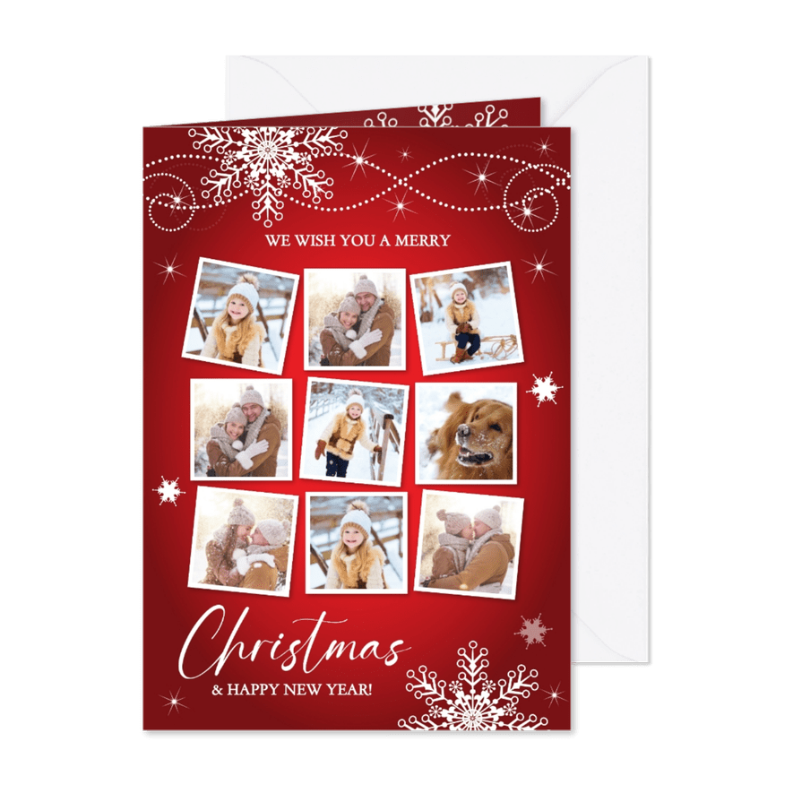 Kerstkaart rood sneeuwvlokken fotocollage  - Kaartimpressie