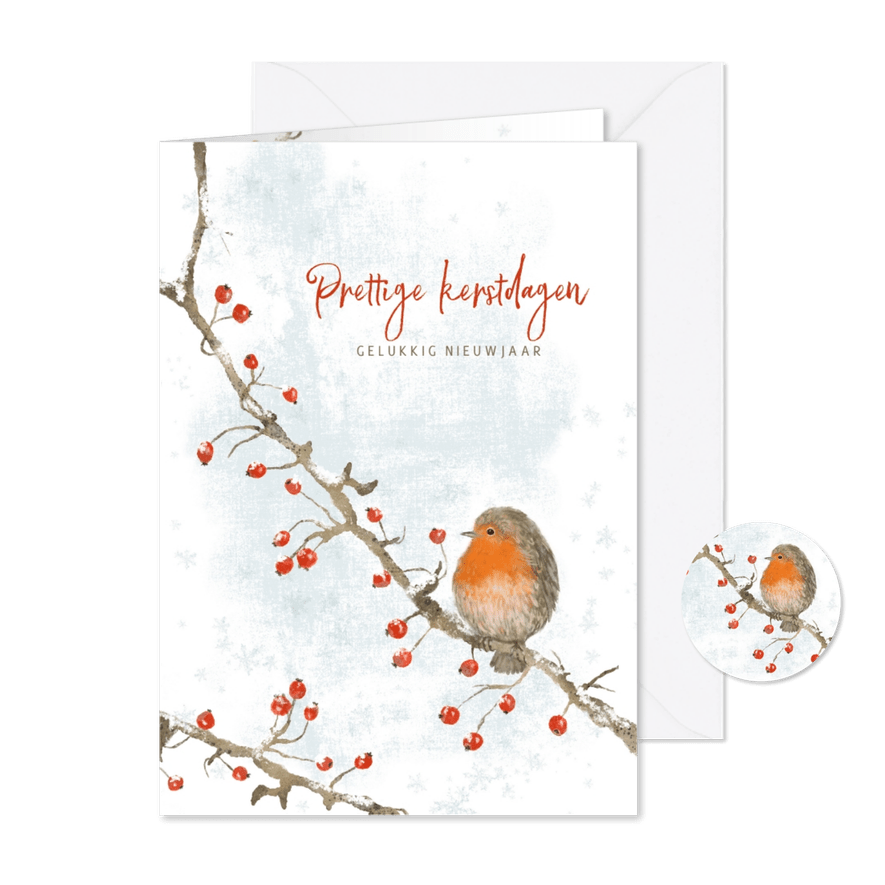 Kerstkaart roodborst en rode bessen met sneeuw - Kaartimpressie