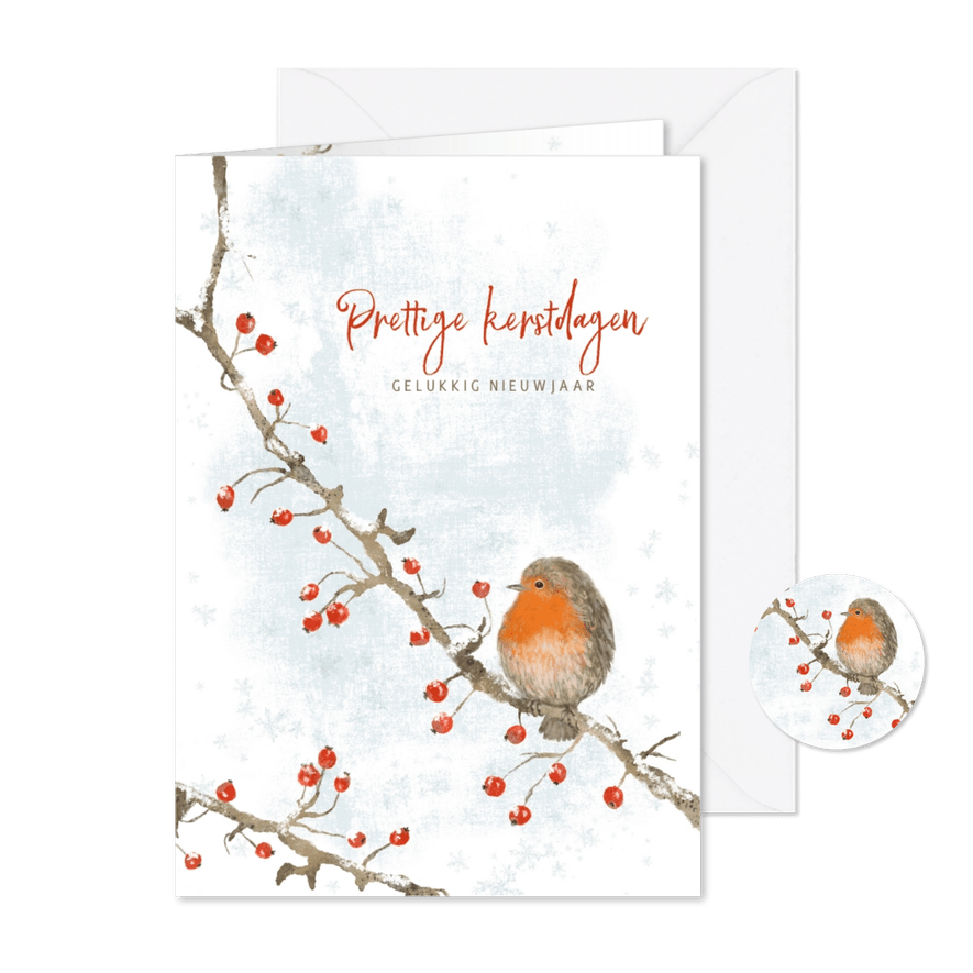 Kerstkaart roodborst en rode bessen met sneeuw - Kaartimpressie