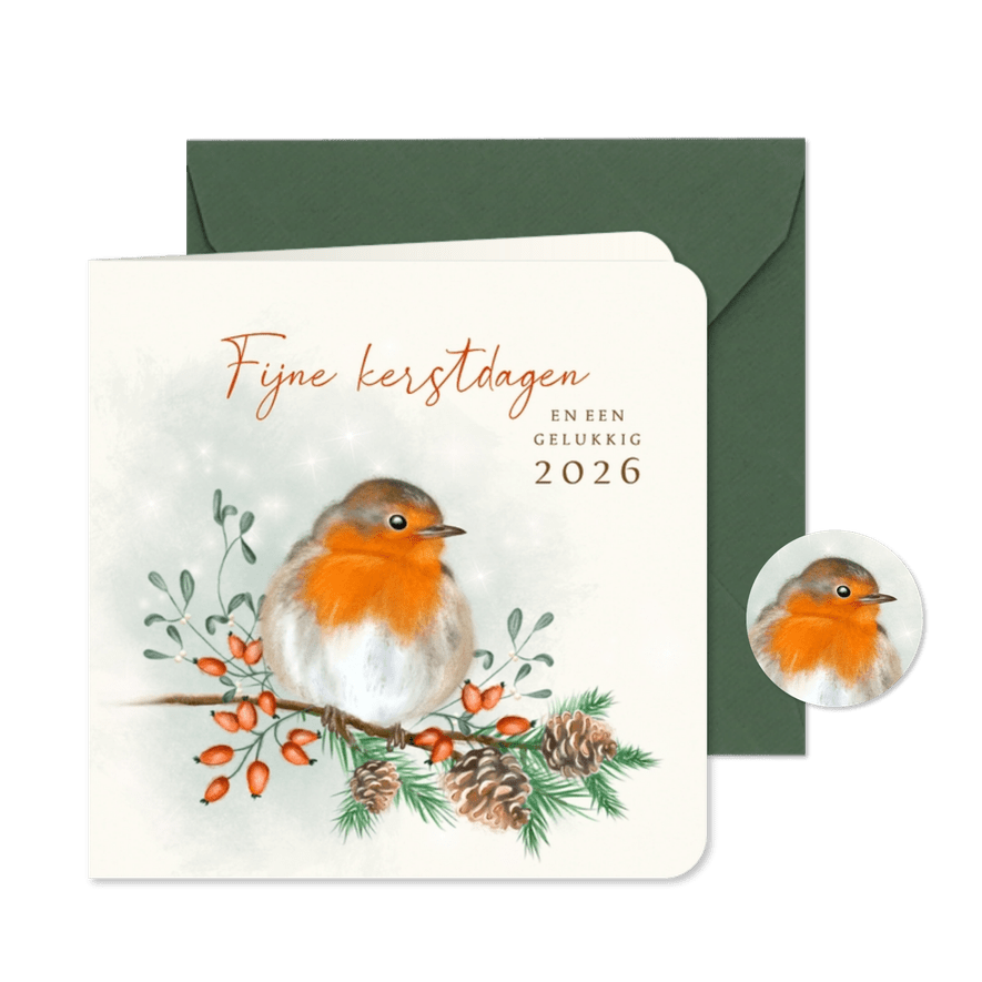 Kerstkaart roodborst met dennenappels - Kaartimpressie