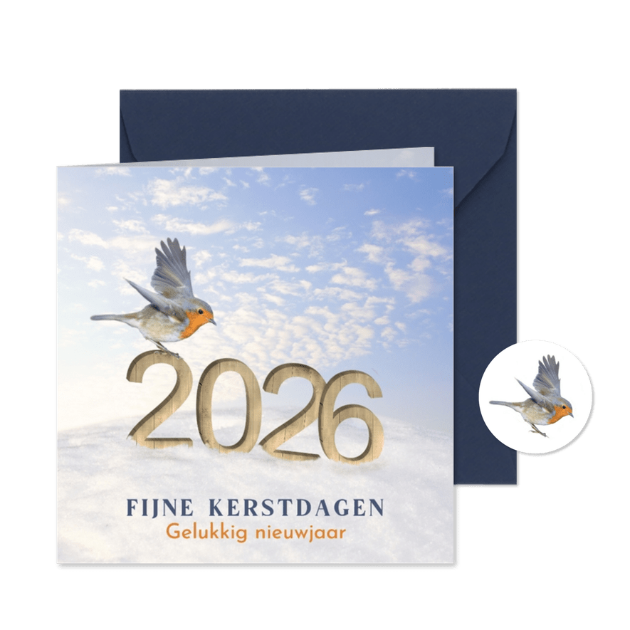 Kerstkaart roodborst op houten jaartal in sneeuw - Kaartimpressie