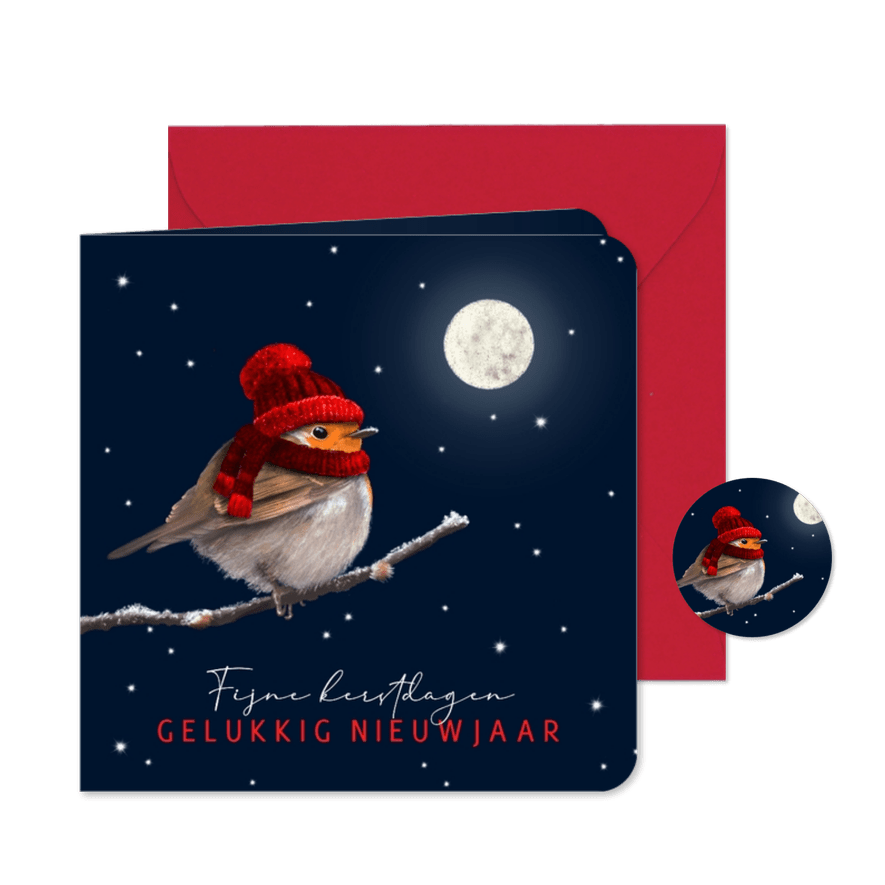 Kerstkaart roodborst rode muts en maan - Kaartimpressie