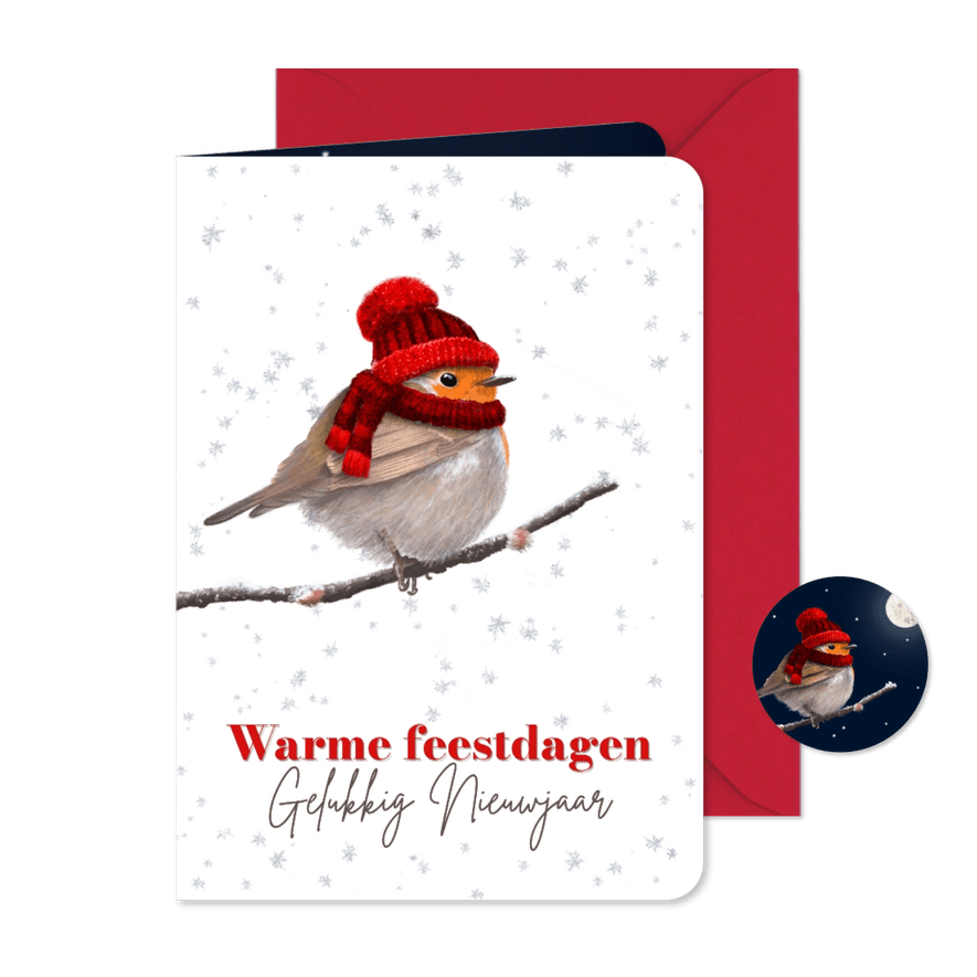 Kerstkaart roodborst rode muts - Kaartimpressie