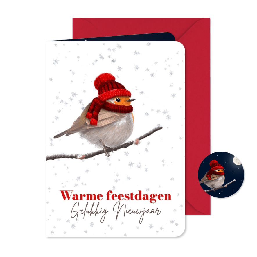 Kerstkaart roodborst rode muts - Kaartimpressie