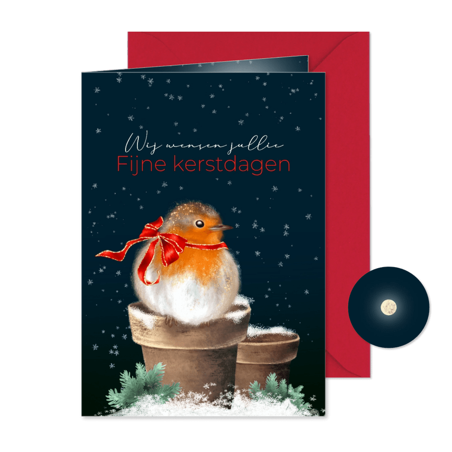 Kerstkaart roodborst strik en maan - Kaartimpressie