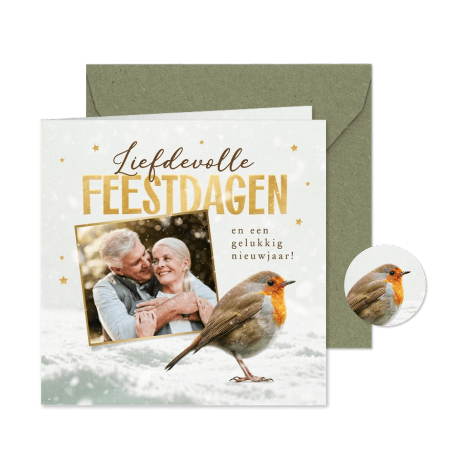 Kerstkaart roodborstje foto fijne feestdagen sneeuw  - Kaartimpressie