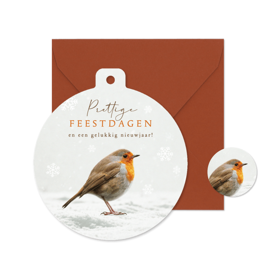 Kerstkaart roodborstje kerstbal winter sneeuwvlokken kerst - Kaartimpressie