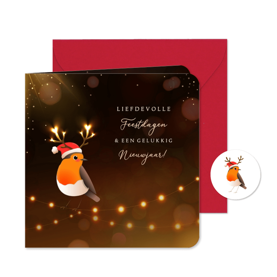 Kerstkaart roodborstje kerstmuts lichtgevend hartjes gewei - Kaartimpressie