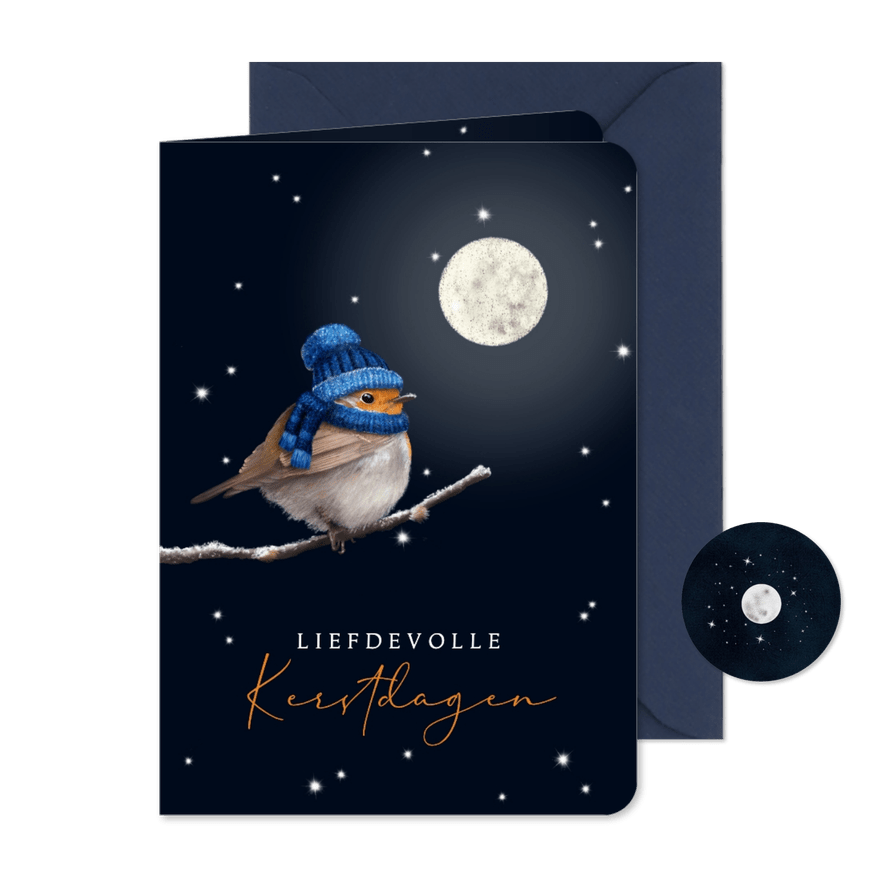 Kerstkaart roodborstje met gebreide muts - Kaartimpressie