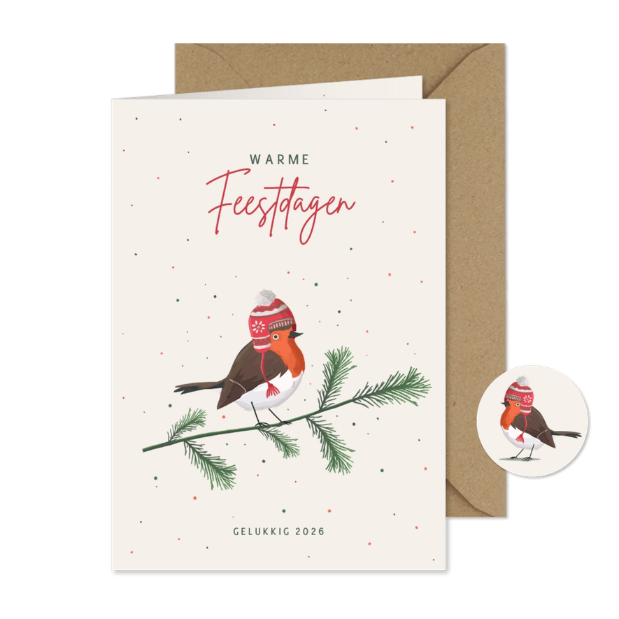 Kerstkaart roodborstje met muts en takje - Kaartimpressie