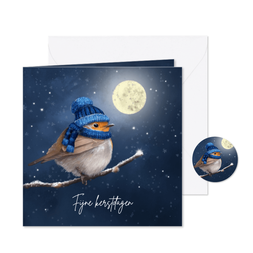Kerstkaart roodborstje met muts in de sneeuw - Kaartimpressie