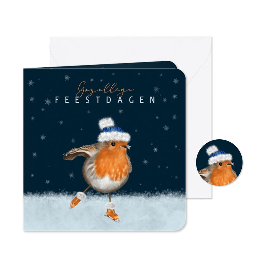 Kerstkaart roodborstje met muts op schaatsen - Kaartimpressie