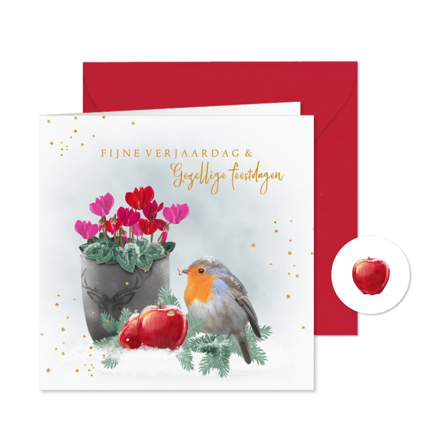 Kerstkaart roodborstje met pot cyclamen in de sneeuw - Kaartimpressie