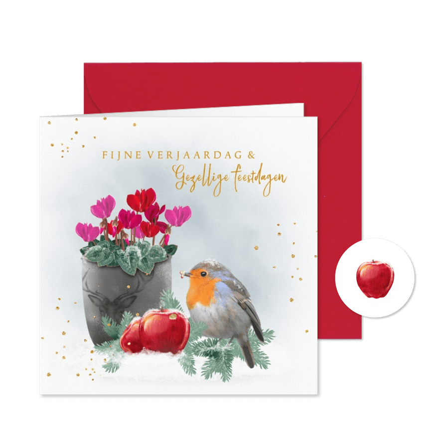 Kerstkaart roodborstje met pot cyclamen in de sneeuw - Kaartimpressie