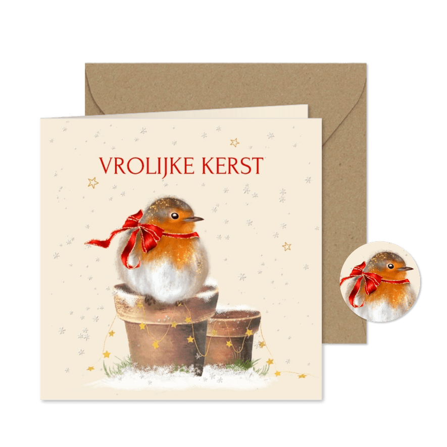 Kerstkaart roodborstje met strik - Kaartimpressie