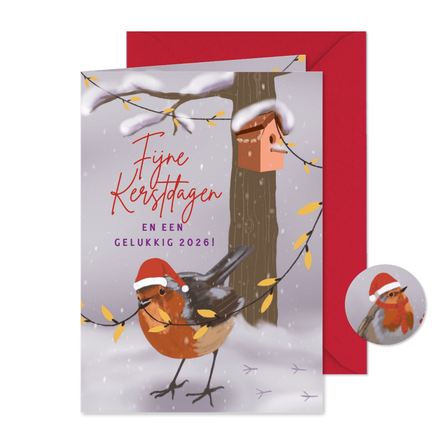 Kerstkaart roodborstje met vogelhuisje - Kaartimpressie
