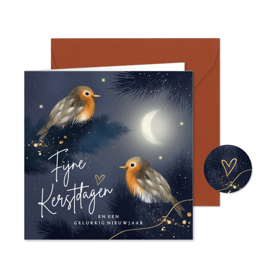 Kerstkaart roodborstje nacht maan goud blauw - Kaartimpressie