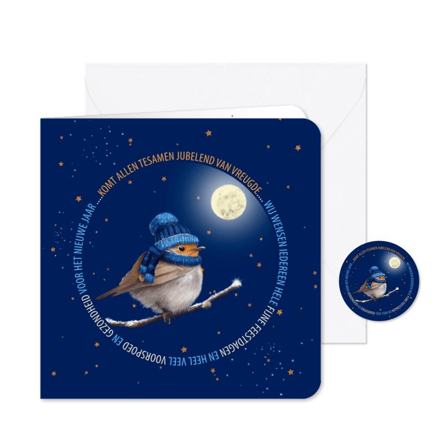 Kerstkaart roodborstje op donkerblauw met glitter - Kaartimpressie