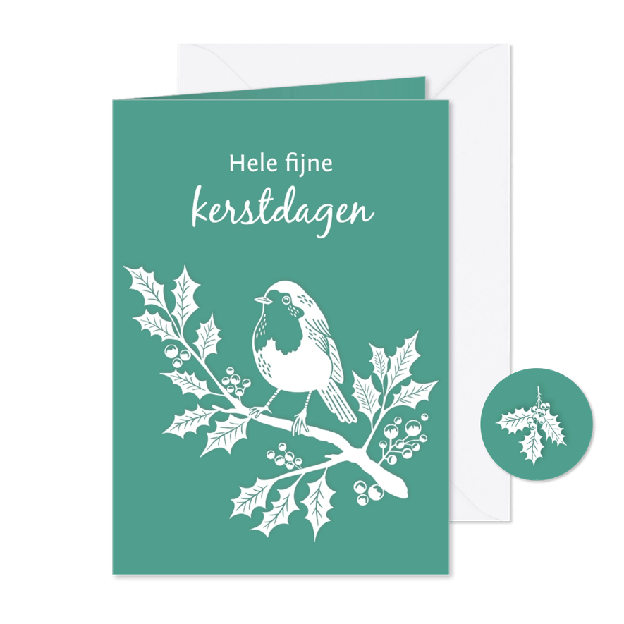 Kerstkaart roodborstje op een tak hulst - Kaartimpressie