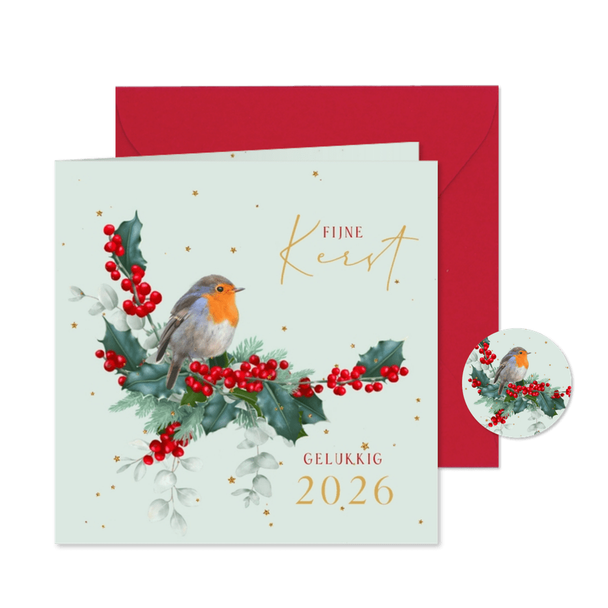 Kerstkaart roodborstje op hulsttakken met goud - Kaartimpressie