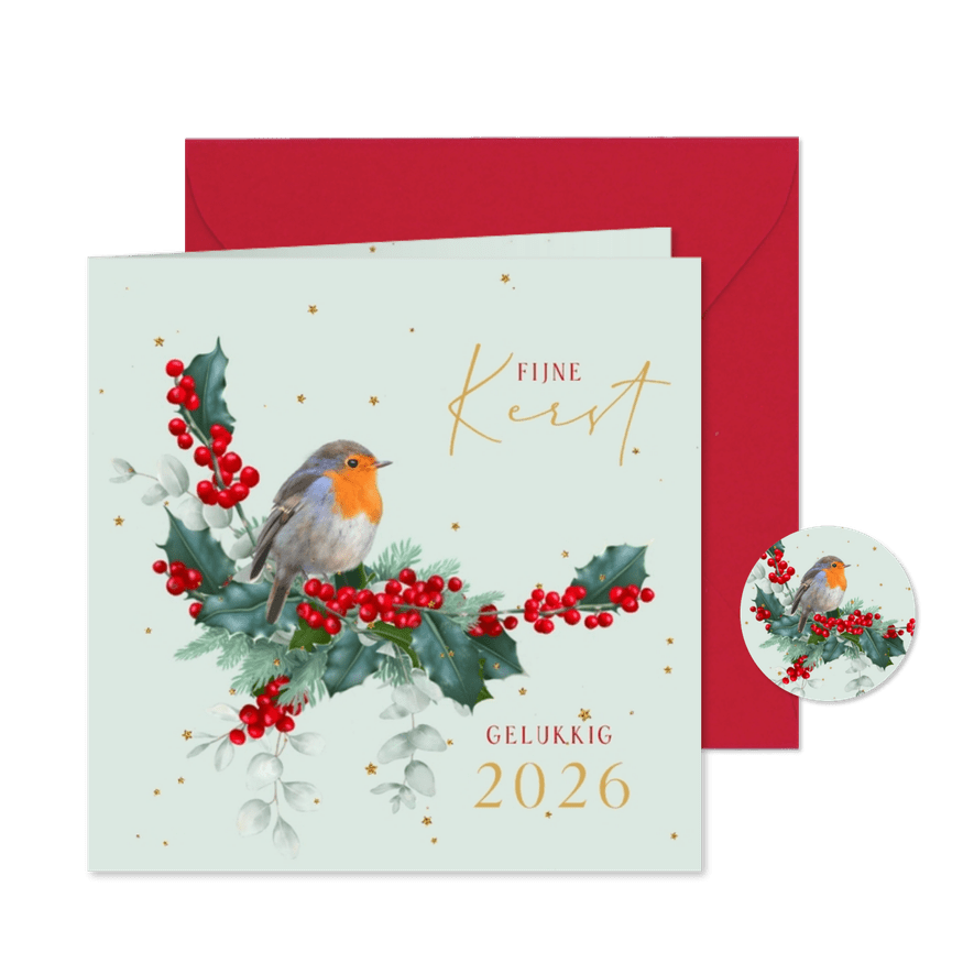 Kerstkaart roodborstje op hulsttakken met goud - Kaartimpressie