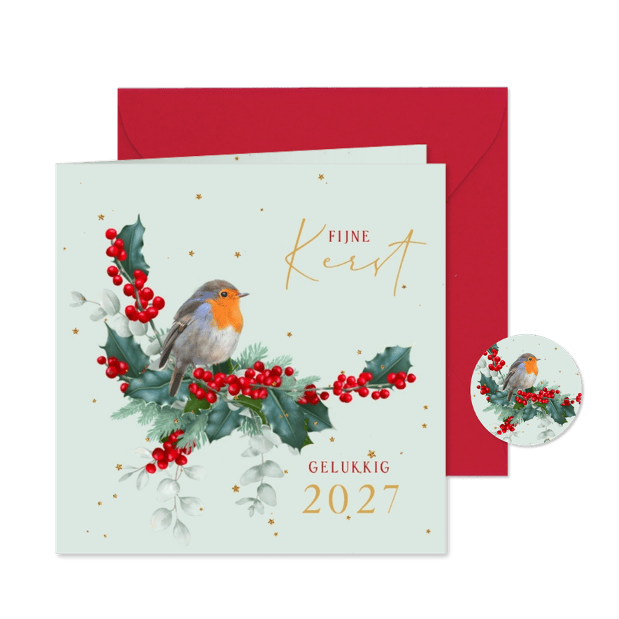 Kerstkaart roodborstje op hulsttakken met goud - Kaartimpressie