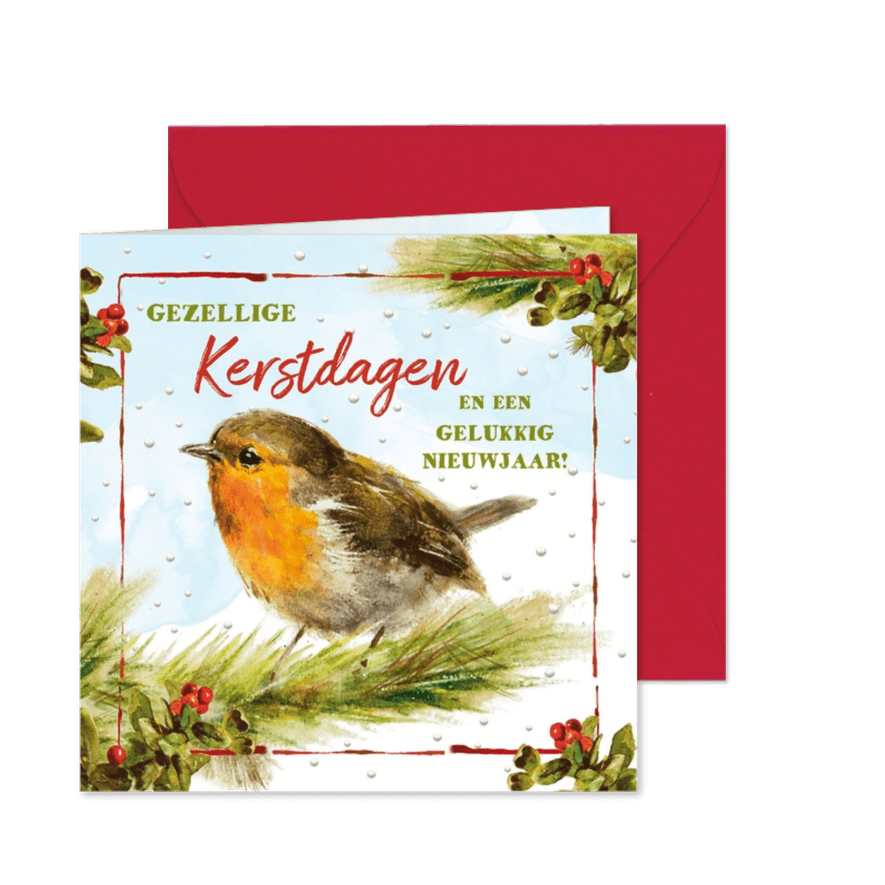 Kerstkaart roodborstje op tak in sneeuw - Kaartimpressie