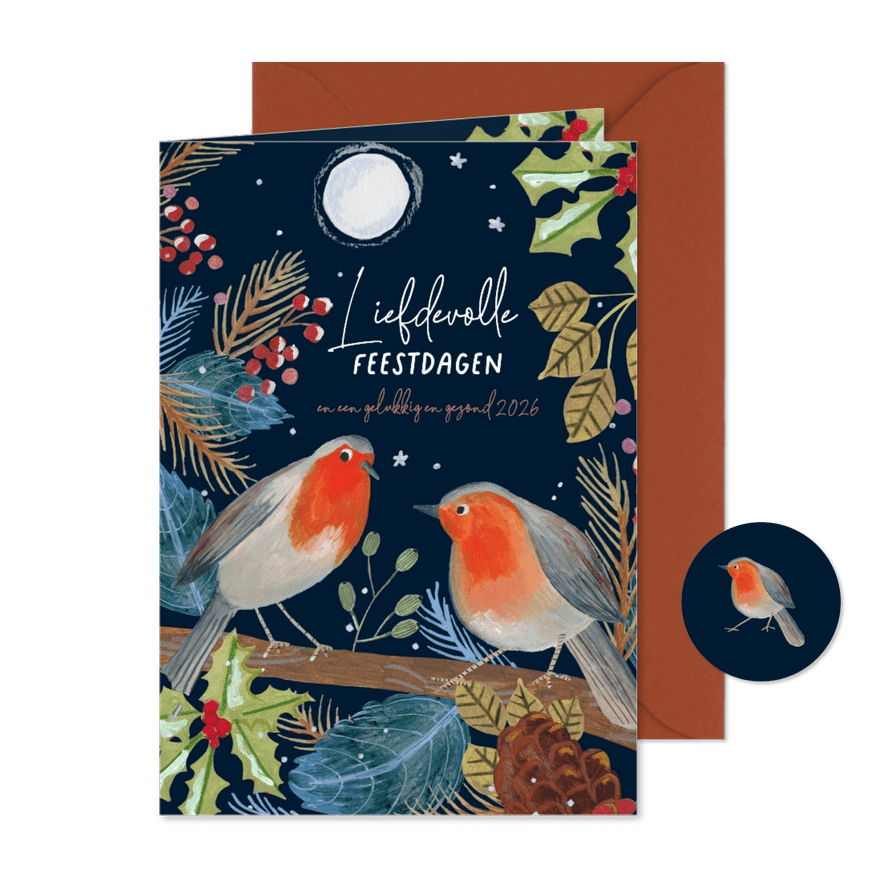 Kerstkaart roodborstjes bij volle maan - Kaartimpressie