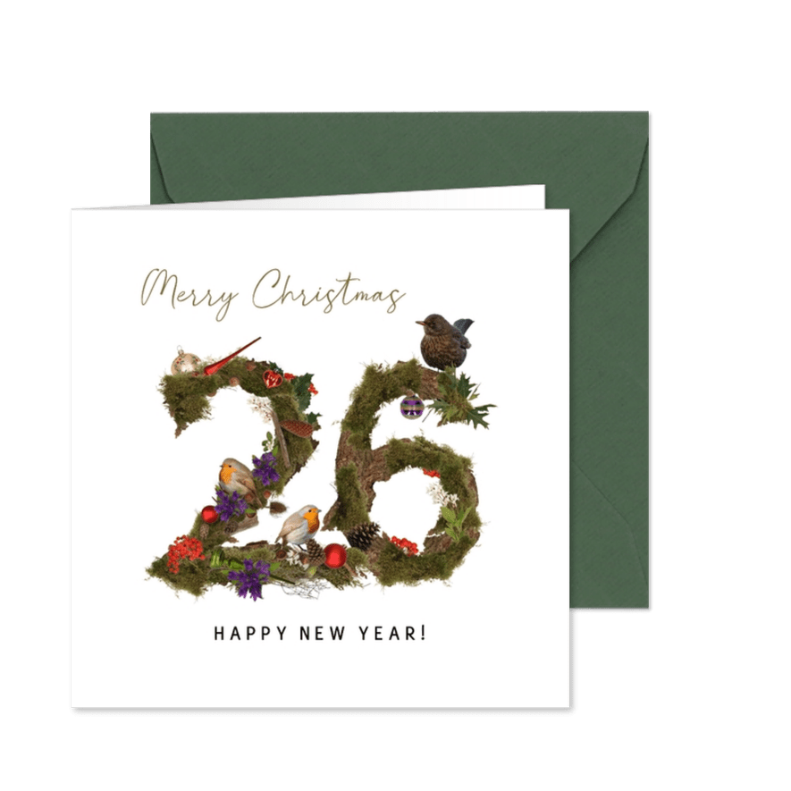 Kerstkaart roodborstjes en merel natuur 2026 - Kaartimpressie