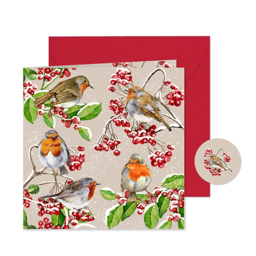 Kerstkaart roodborstjes in de winter op takjes - Kaartimpressie