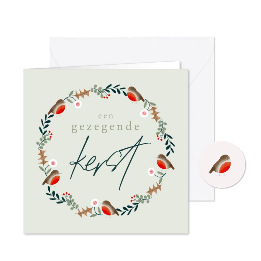 Kerstkaart roodborstjes kerstkrans gezegende kerst groen - Kaartimpressie