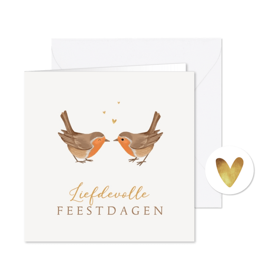 Kerstkaart roodborstjes liefdevol hartjes goud - Kaartimpressie