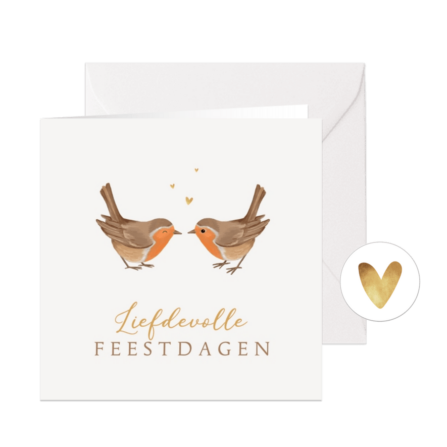 Kerstkaart roodborstjes liefdevol hartjes goud - Kaartimpressie