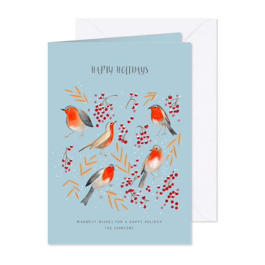 Kerstkaart roodborstjes met besjes en bladeren - Kaartimpressie