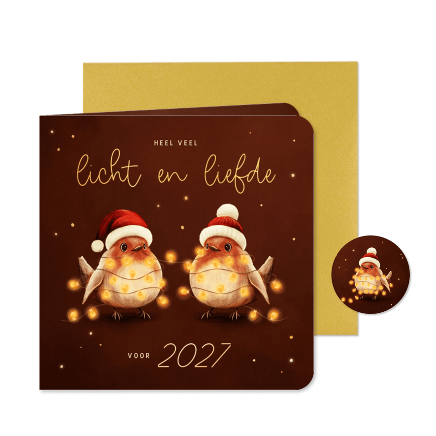 Kerstkaart roodborstjes met lampjes licht en liefde - Kaartimpressie