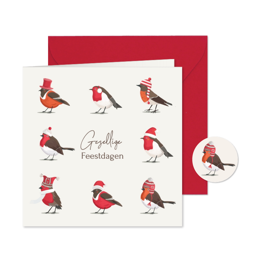 Kerstkaart roodborstjes met mutsen - Kaartimpressie