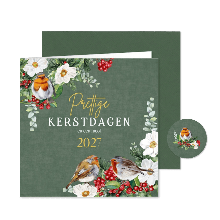 Kerstkaart roodborstjes op groen fluweellook - Kaartimpressie